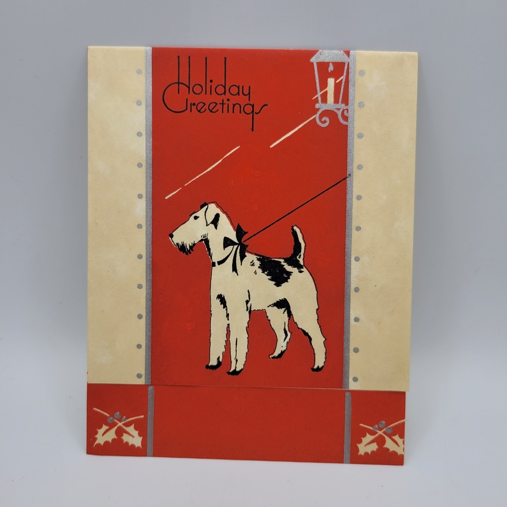 Vintage Holiday Greetings Card Dog with Lamp Christmas Season